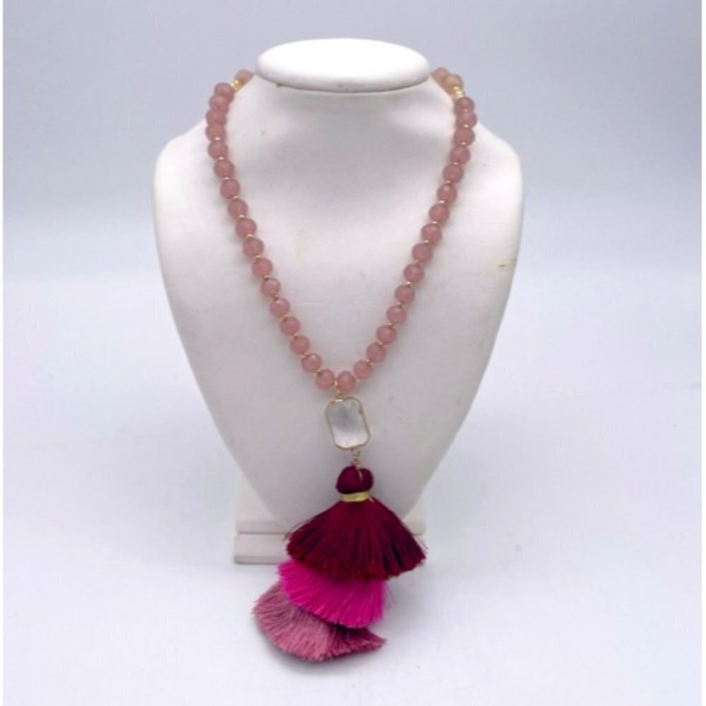 Veronese Women's Pink Beaded Pendant Tassel Necklace Adjustable Lobster Closure
